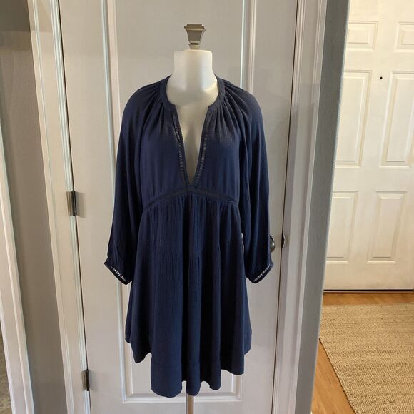 Free People Blue Go Lightly Swing Dress V Neck 3/4 Sleeve Boho-Size Small - Picture 3 of 16
